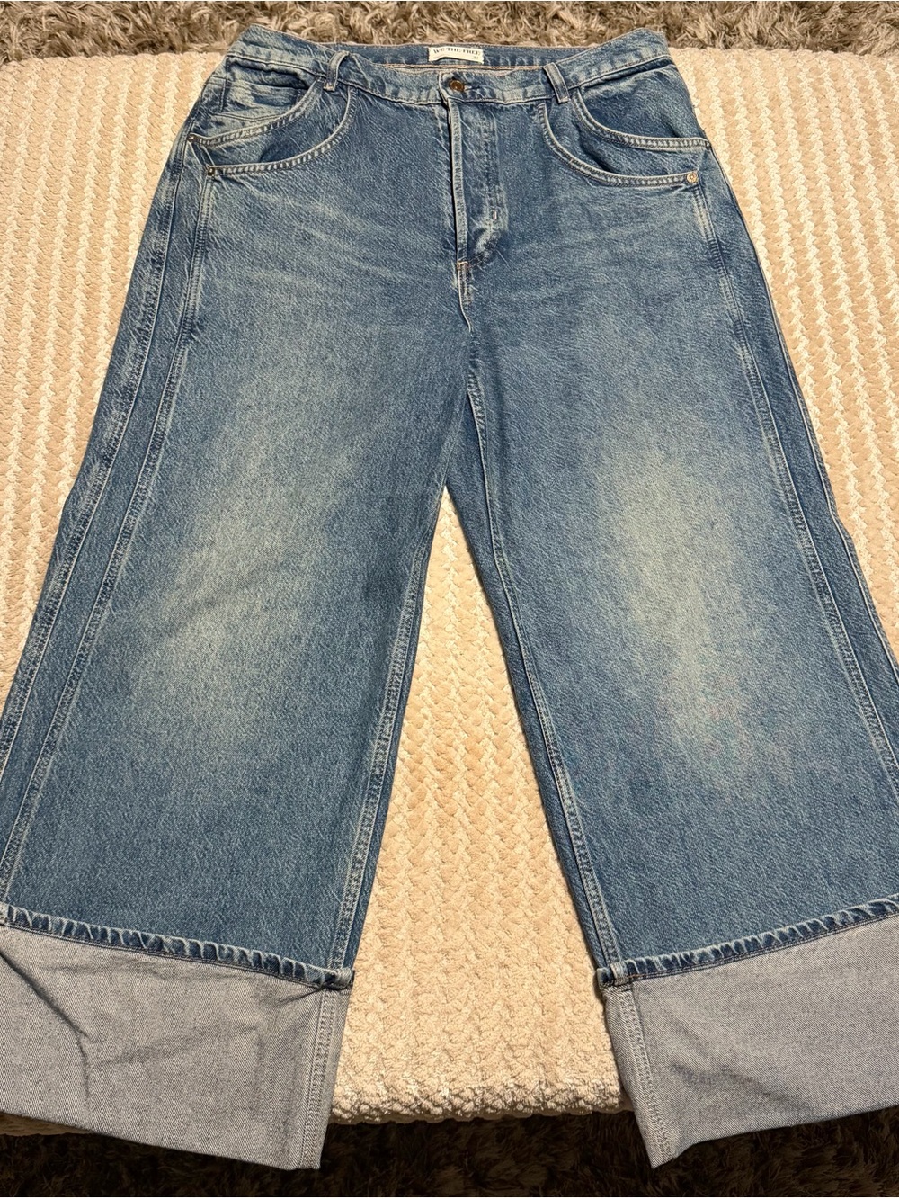Free People Wide Leg Cuffed Blue Denim Jeans